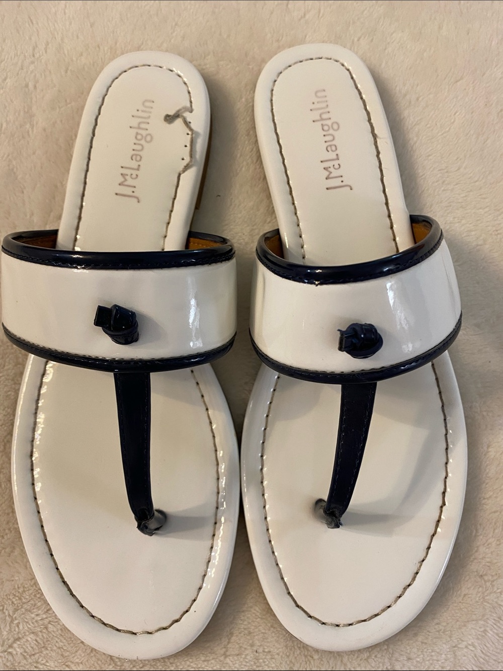 J. McLaughlin Leslie Thong Sandal White and Navy Patent 8 - Picture 2 of 7